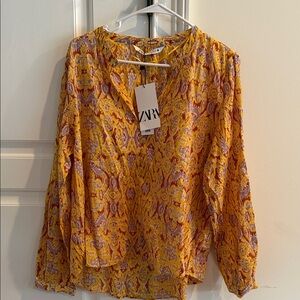 Zara Yellow & Purple Printed Long-Sleeve Blouse